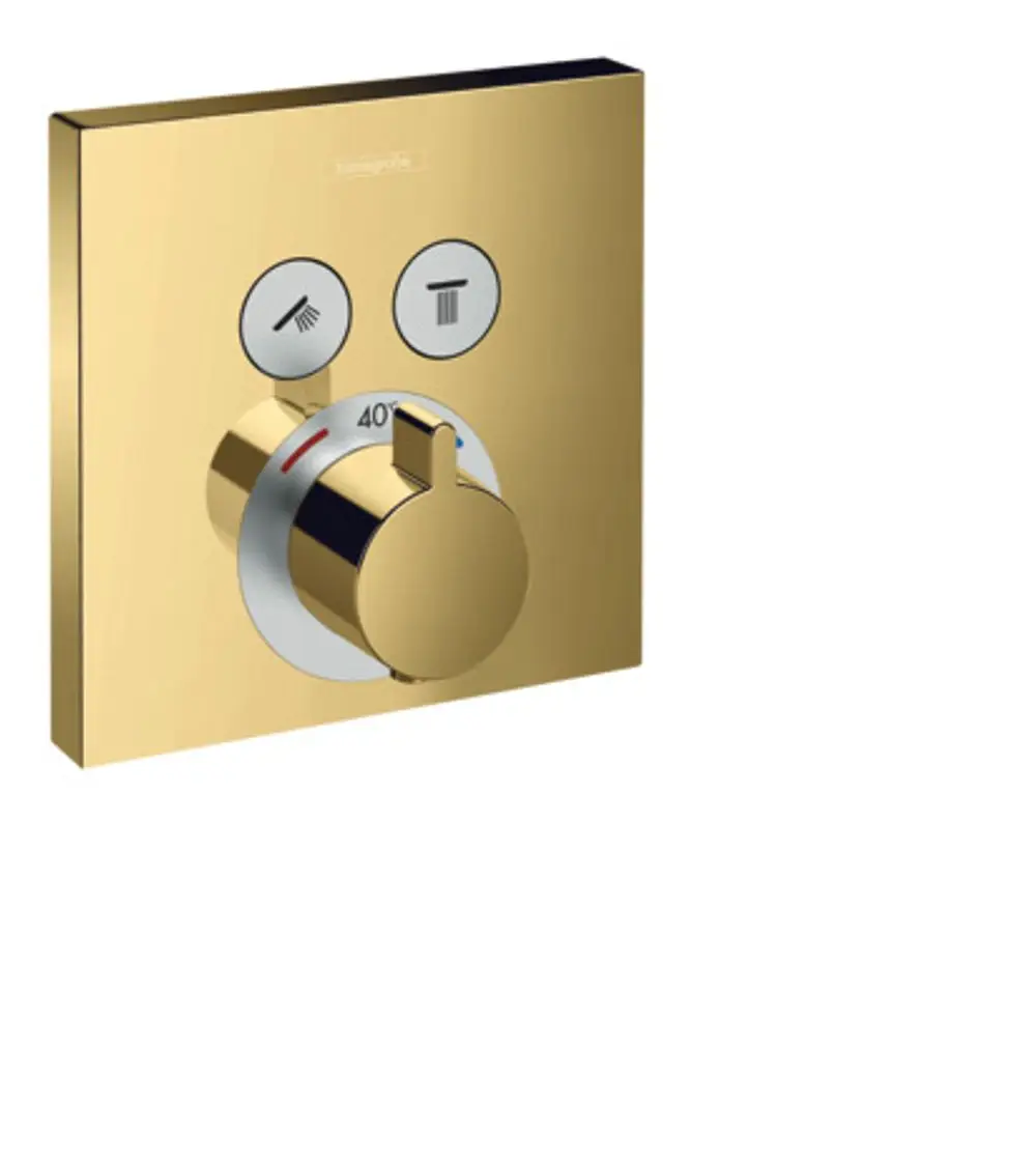 Hansgrohe Thermostat mit einer goldenen Oberfläche und einem drehbaren Regler in der Mitte. Zwei Schalter für unterschiedliche Verbraucher sind oberhalb des Reglers angeordnet.